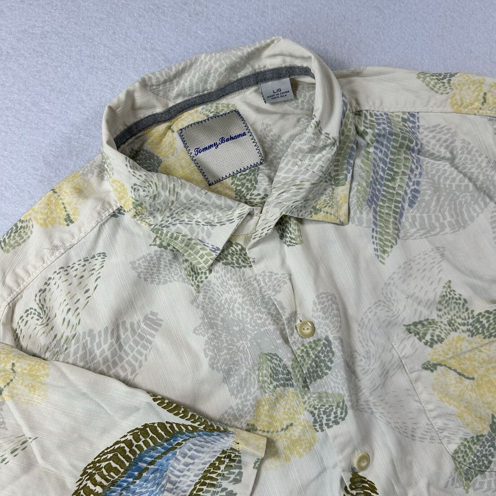 Tommy‎ Bahama Shirt Mens Large Yellow Hawaiian Floral 100% Silk Tropical Summer